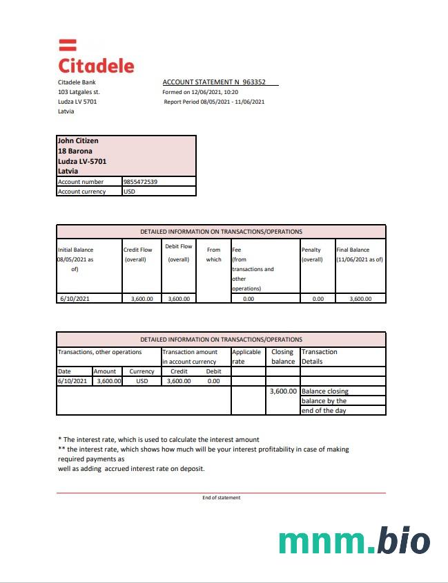 Łotwa Citadele wyciąg bankowy szablon, Word i PDF format